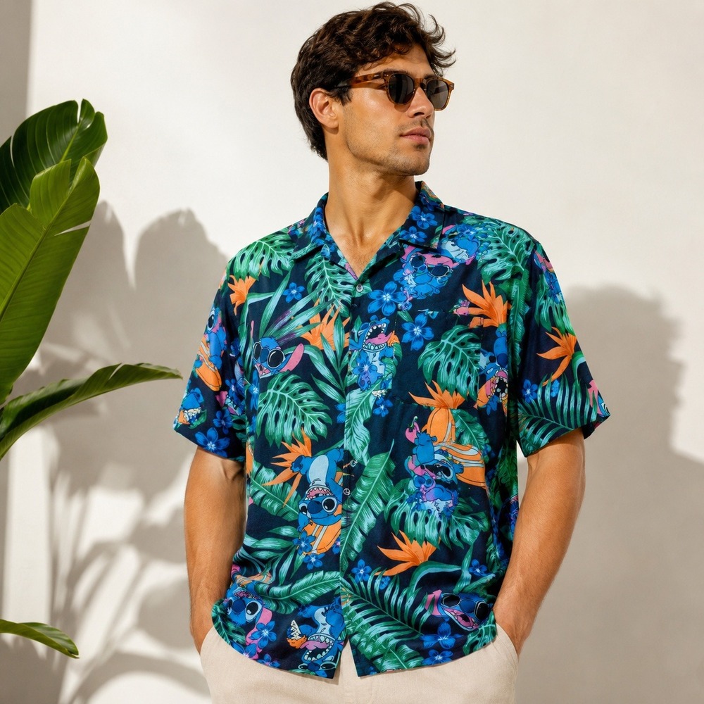 Disney Stitch Mens Large Hawaiian Shirt Navy Blue Tropical Surfing Rayon‎ Button